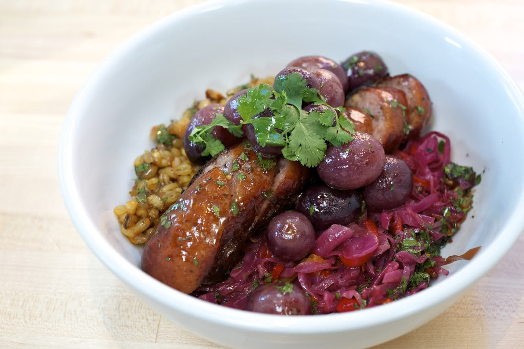 sliced kielbasa with farro and potatoes